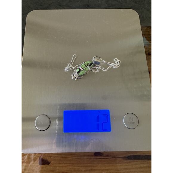 Native American Made Inlayed Green Turquoise/Onyx/Opal Sterling Silver Necklace - Picture 8 of 8